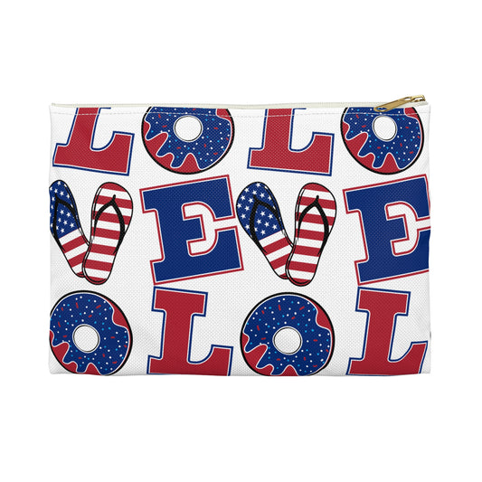 Accessory pouch with patriotic letter and icon pattern on white fabric, black zipper.