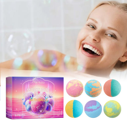 Bubble bath balls set with 6 multi-color spheres and boxed packaging