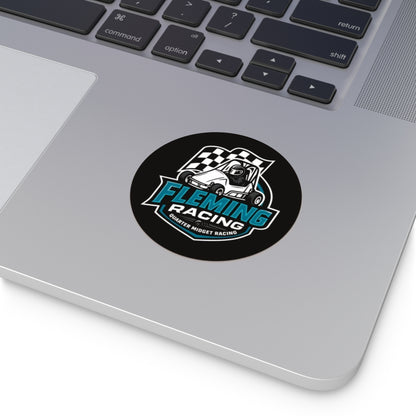 Round black Fleming Racing vinyl sticker with quarter midget car logo and blue Fleming text