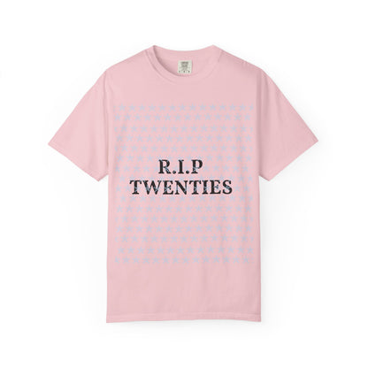 Blossom pink unisex garment-dyed T-shirt with 'R.I.P TWENTIES' front print