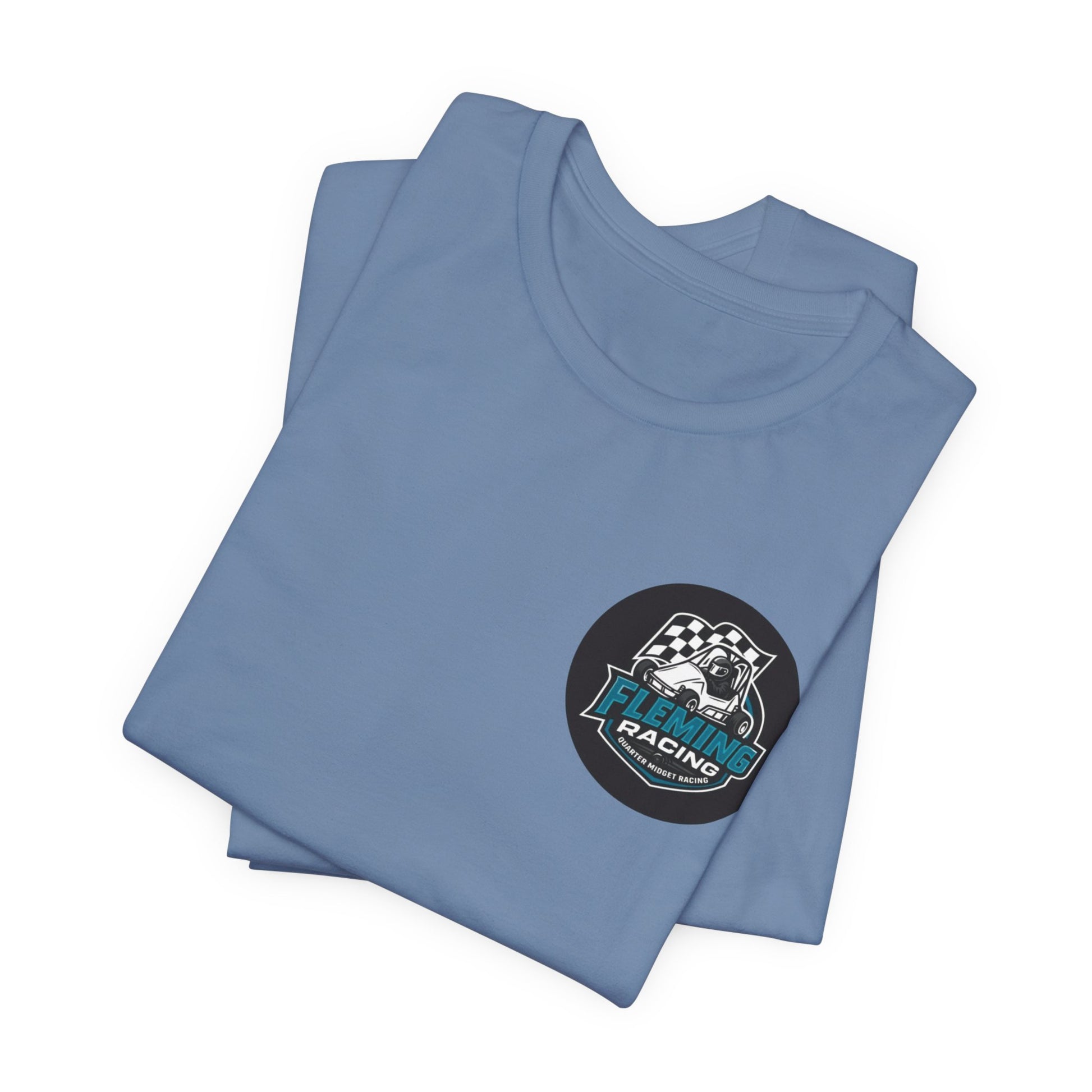 Steel blue racing logo T-shirt with circular car emblem on chest.
