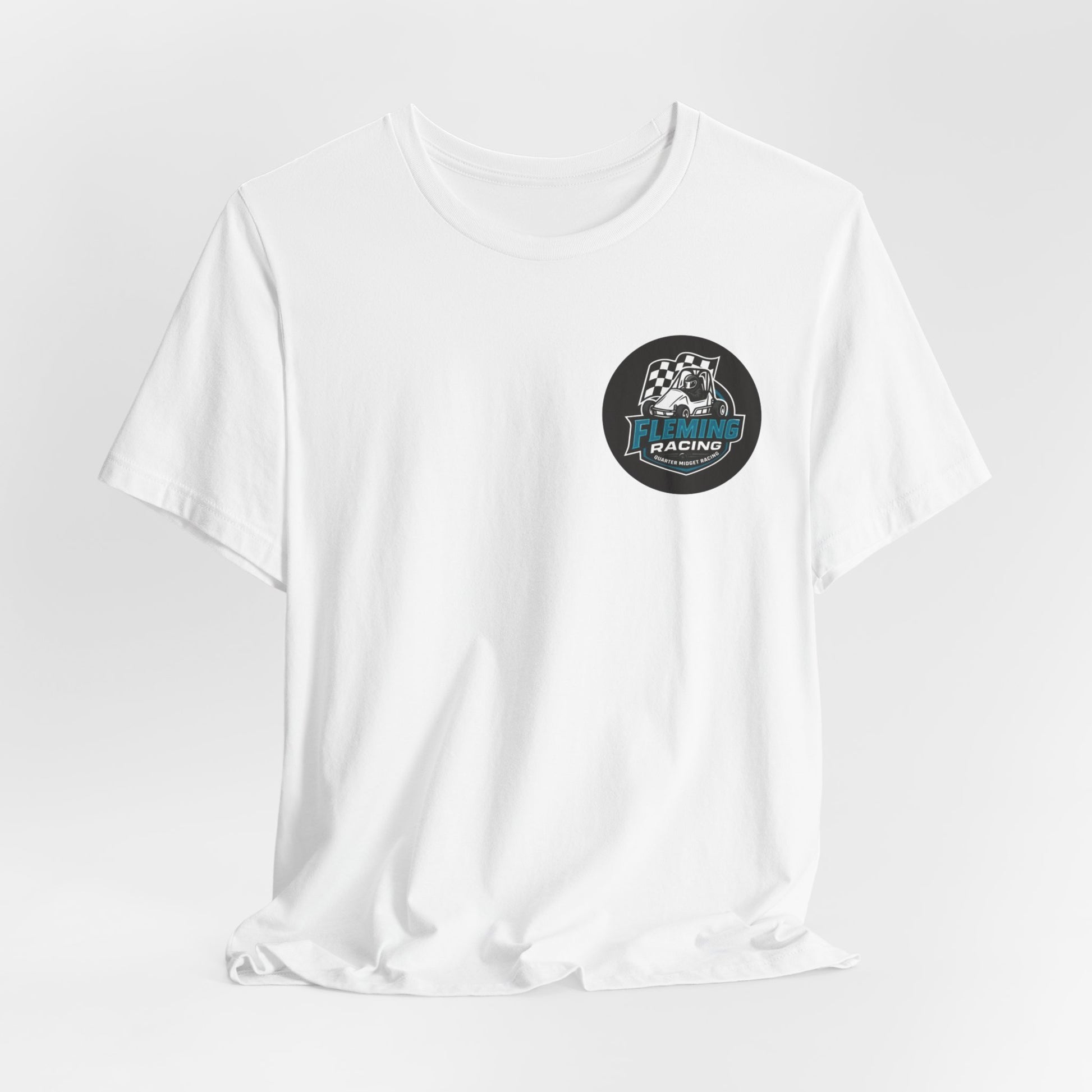 White crew-neck T-shirt with Fleming Racing logo patch on chest