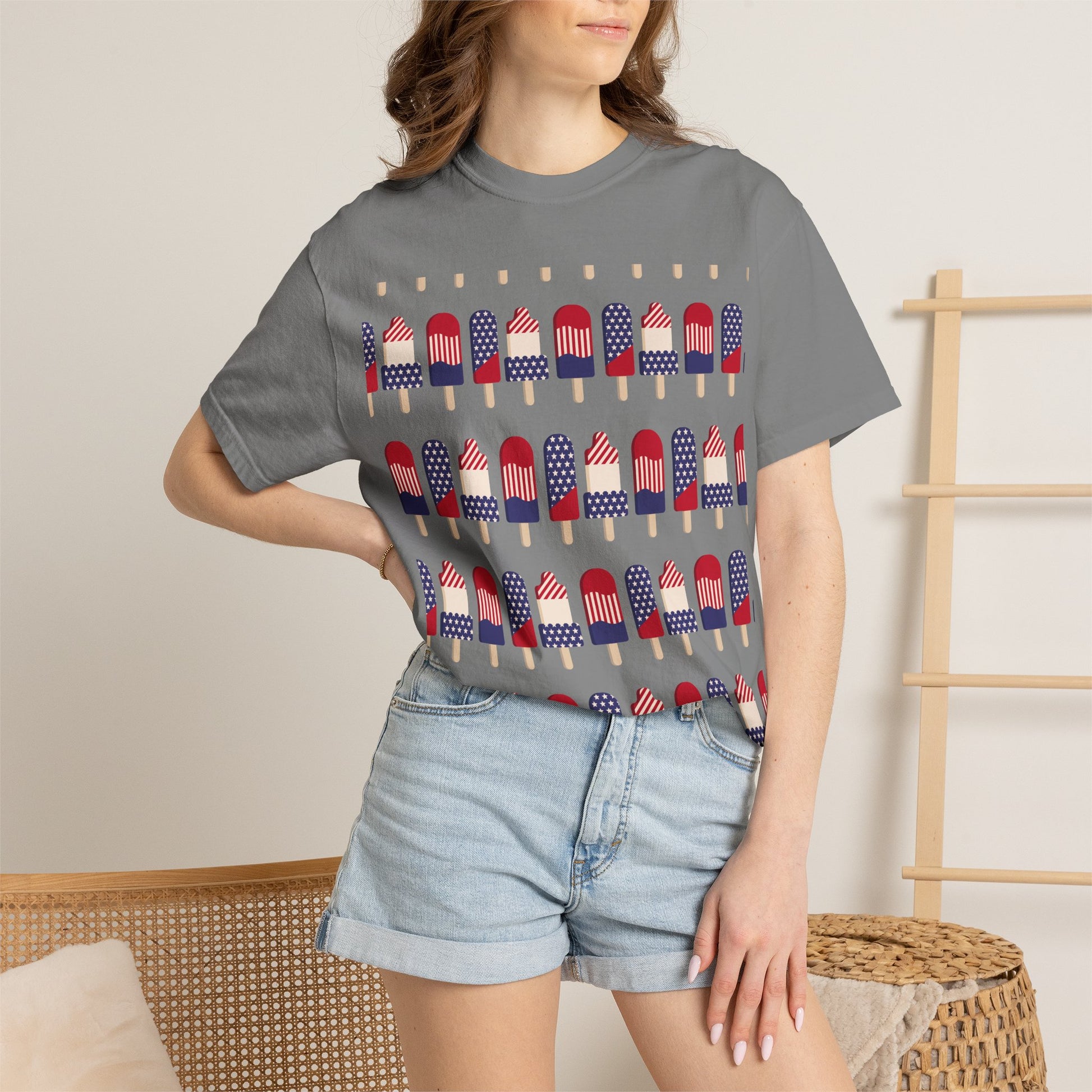 Slate gray graphic T-shirt with American flag popsicle row print