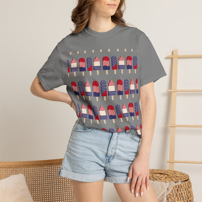 Slate gray graphic T-shirt with American flag popsicle row print