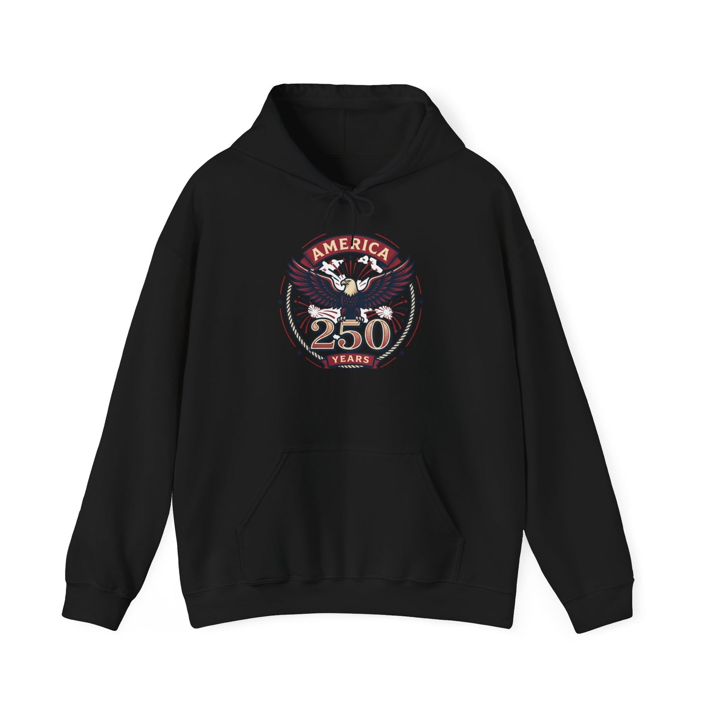 Black pullover hoodie with eagle and “250 Years” graphic on chest
