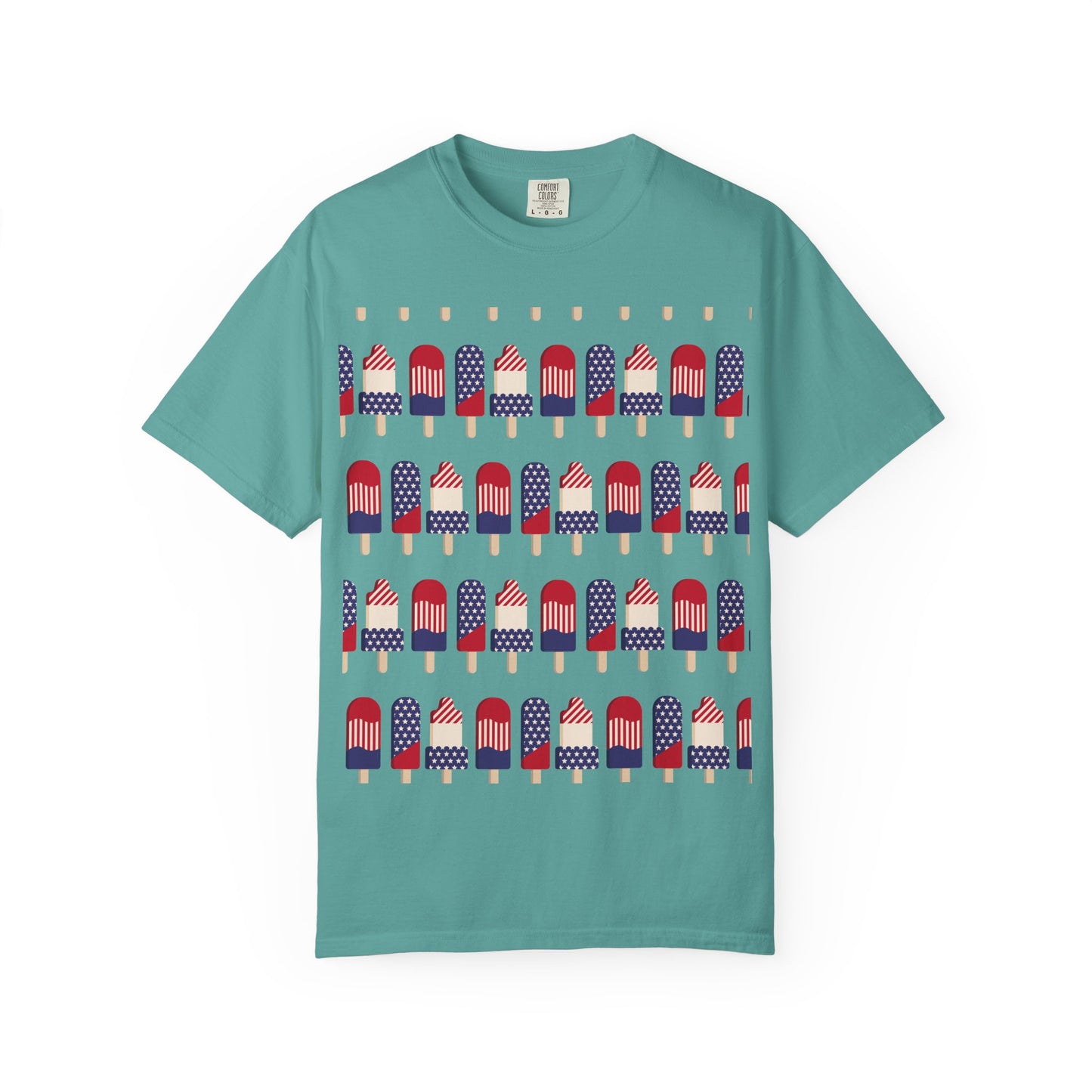 Teal T-shirt with popsicle-themed American flag graphic across the chest