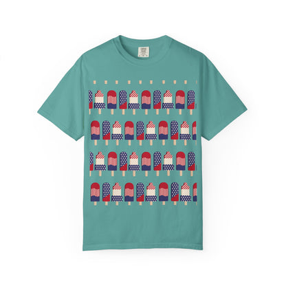 Teal T-shirt with popsicle-themed American flag graphic across the chest