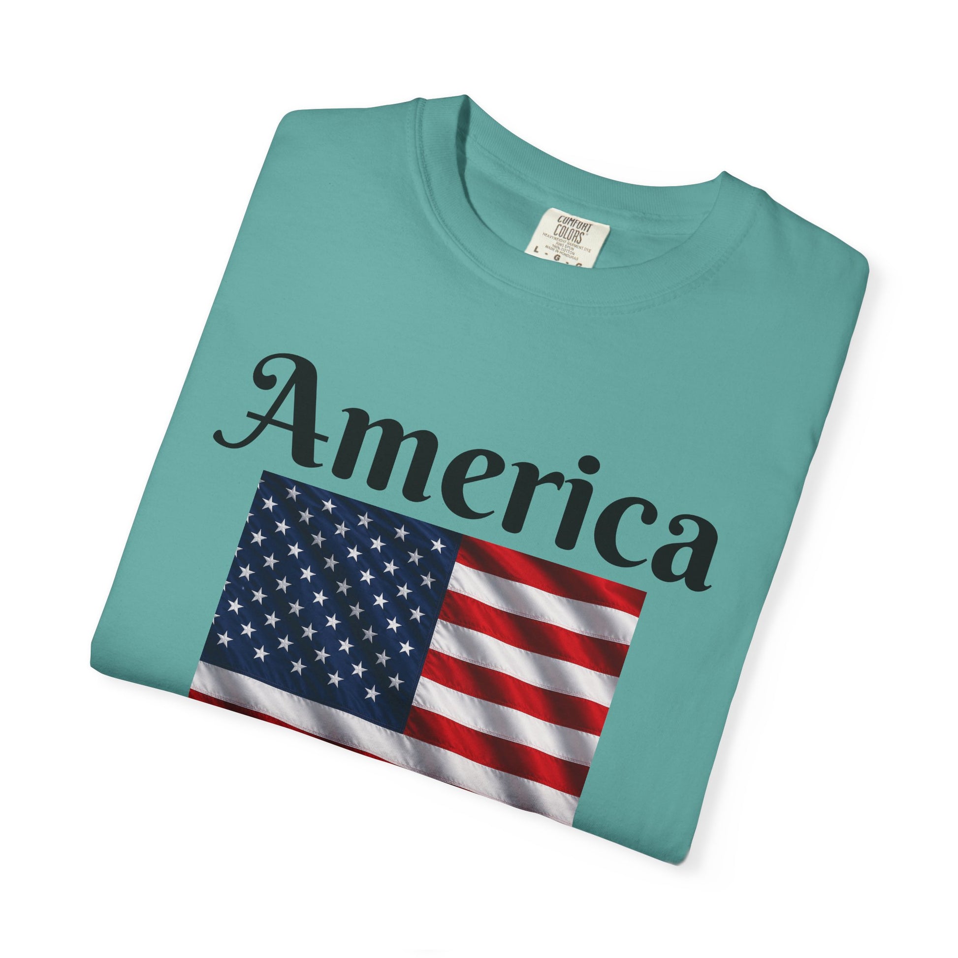 Teal T-shirt with front America script and U.S. flag graphic