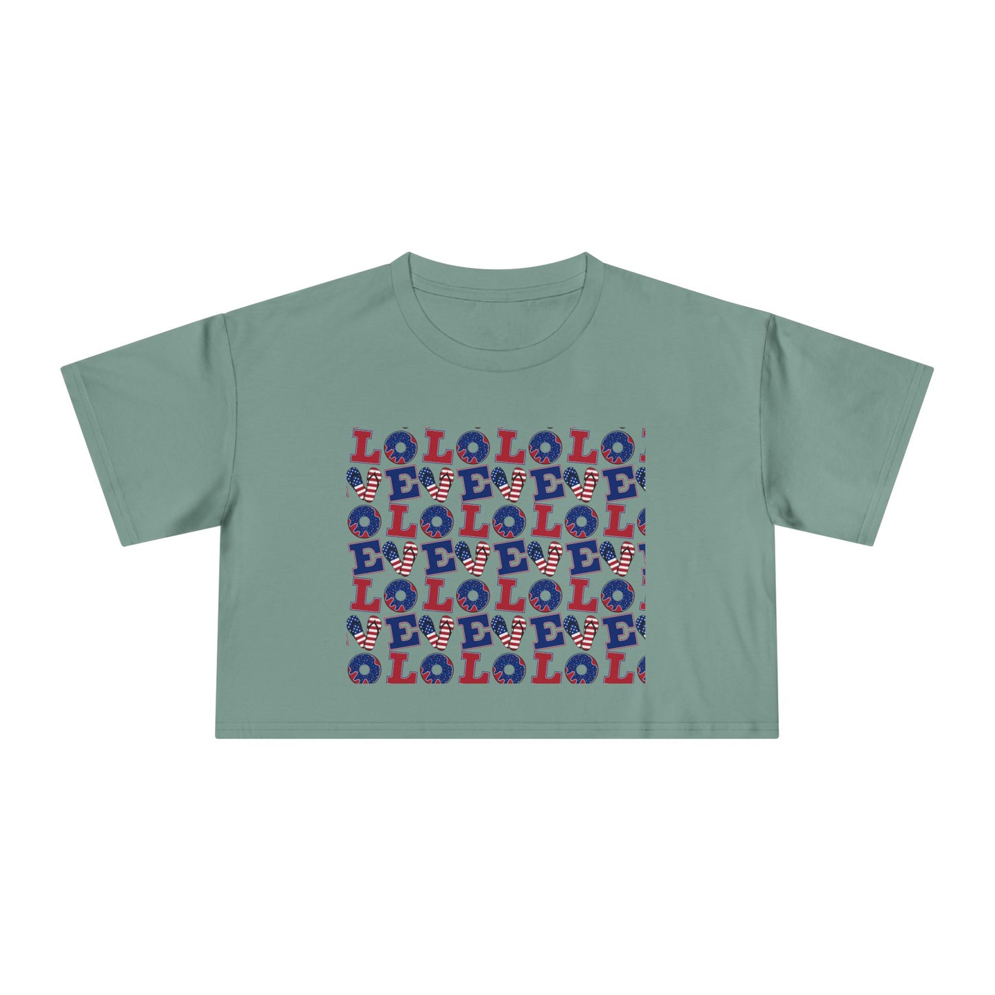 Sage green graphic crop tee with multicolor “LOL” block print