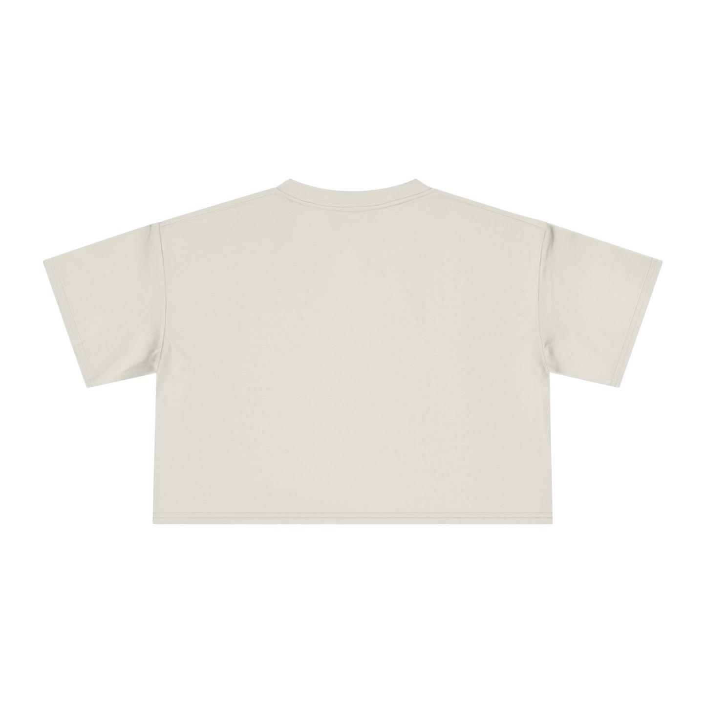 Beige crop graphic tee with crew neck and short sleeves, plain back