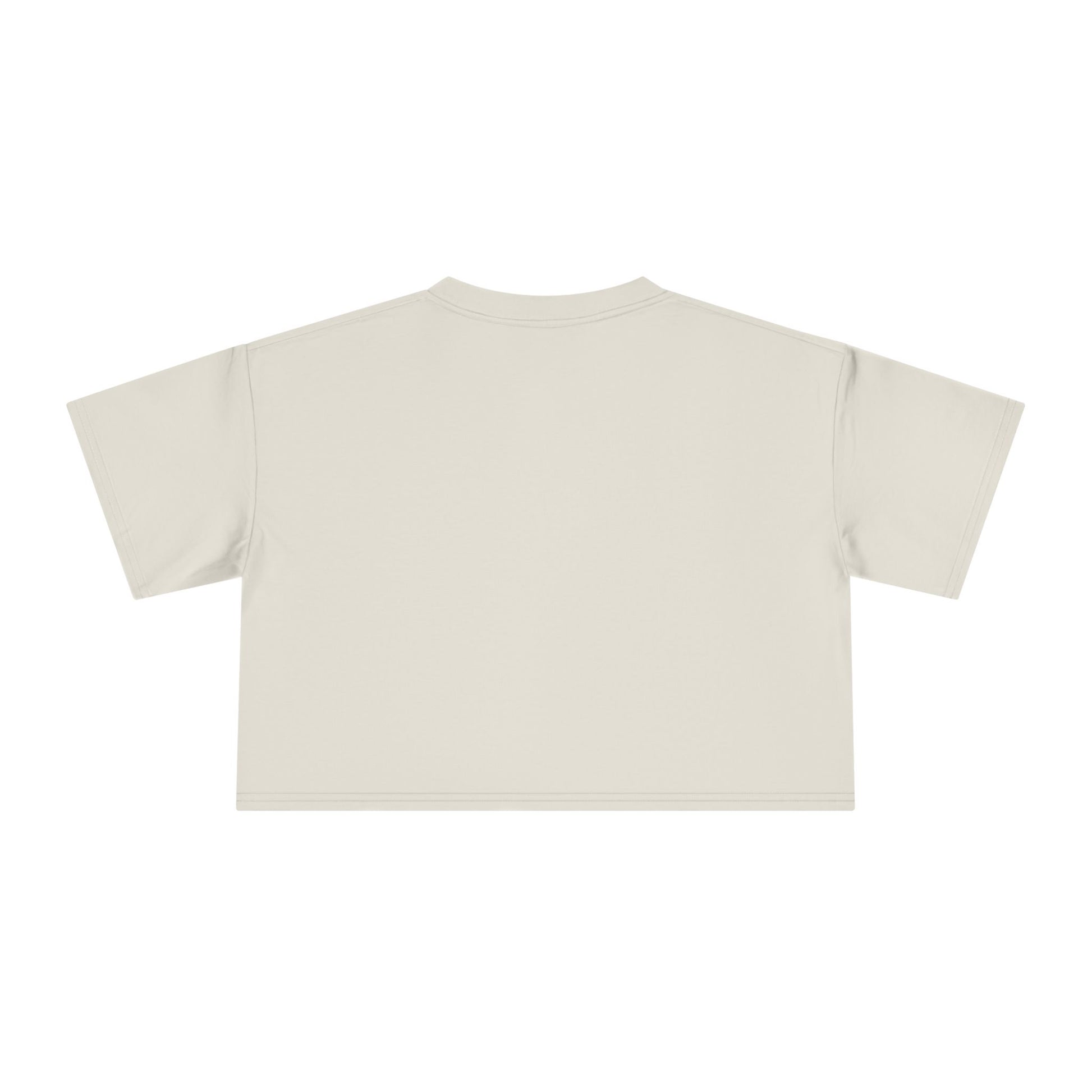 Beige crop graphic tee with crew neck and short sleeves, plain back