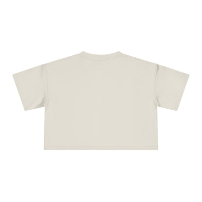 Beige crop graphic tee with crew neck and short sleeves, plain back