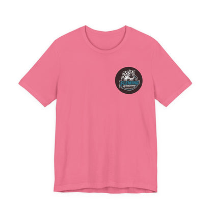 Coral crew-neck T-shirt with Fleming Racing logo patch on chest