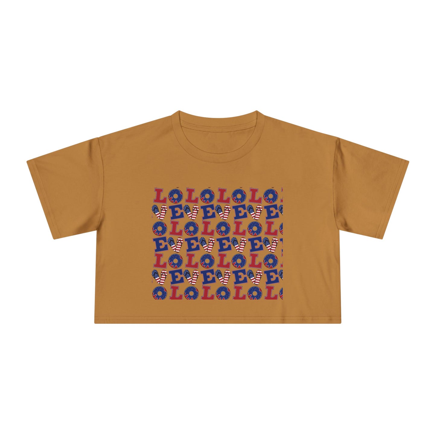 Tan graphic crop tee with multicolor “LOL” block print