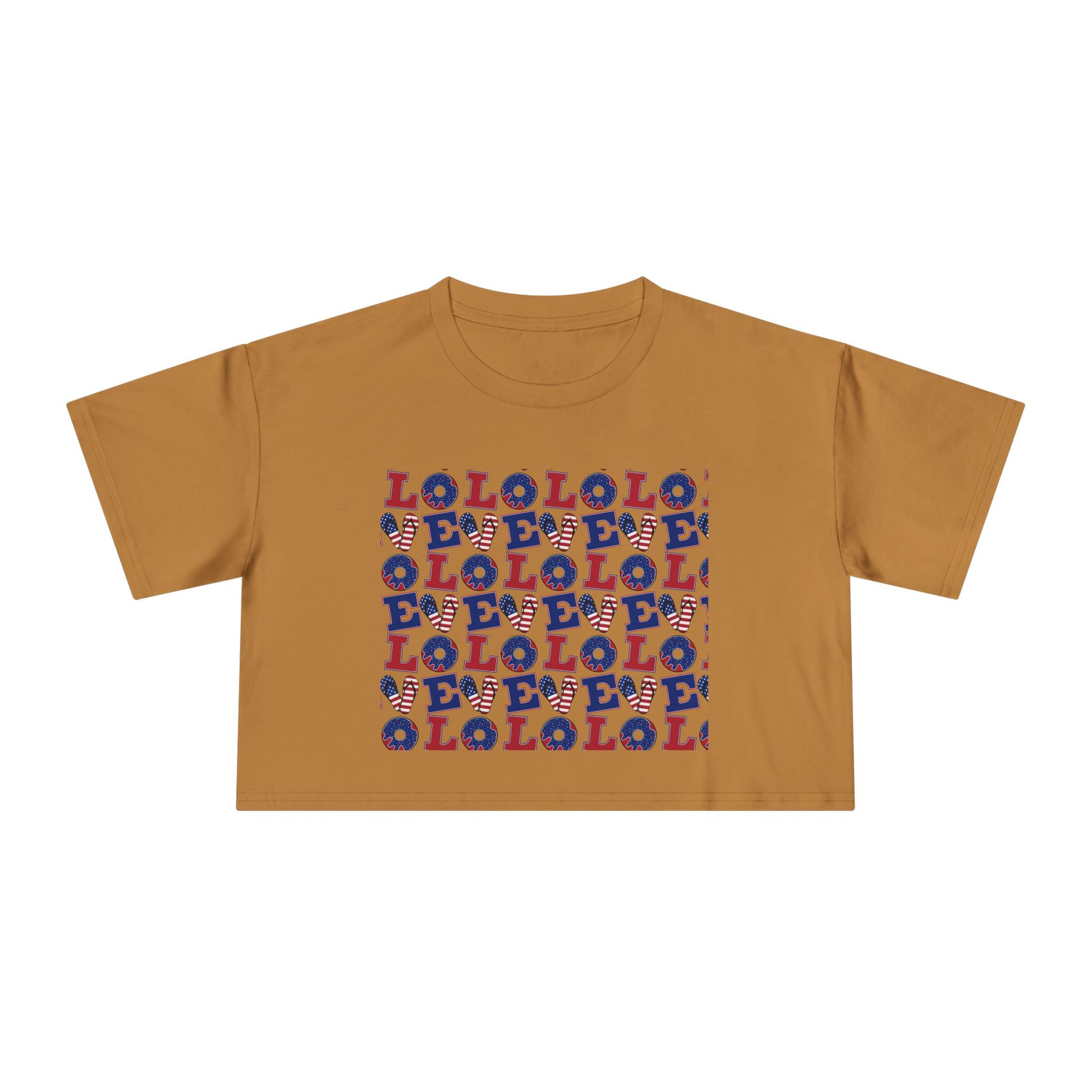 Tan graphic crop tee with multicolor “LOL” block print