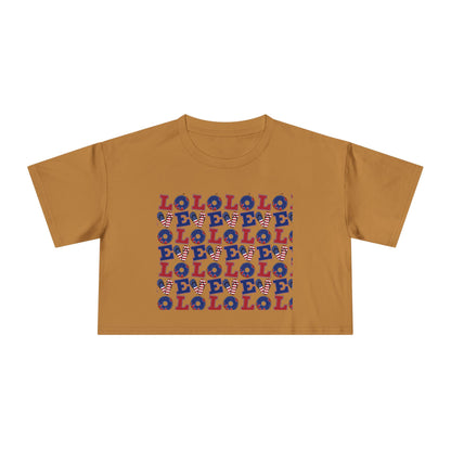 Tan graphic crop tee with multicolor “LOL” block print