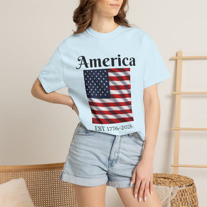 Light blue T-shirt with front America script and U.S. flag graphic
