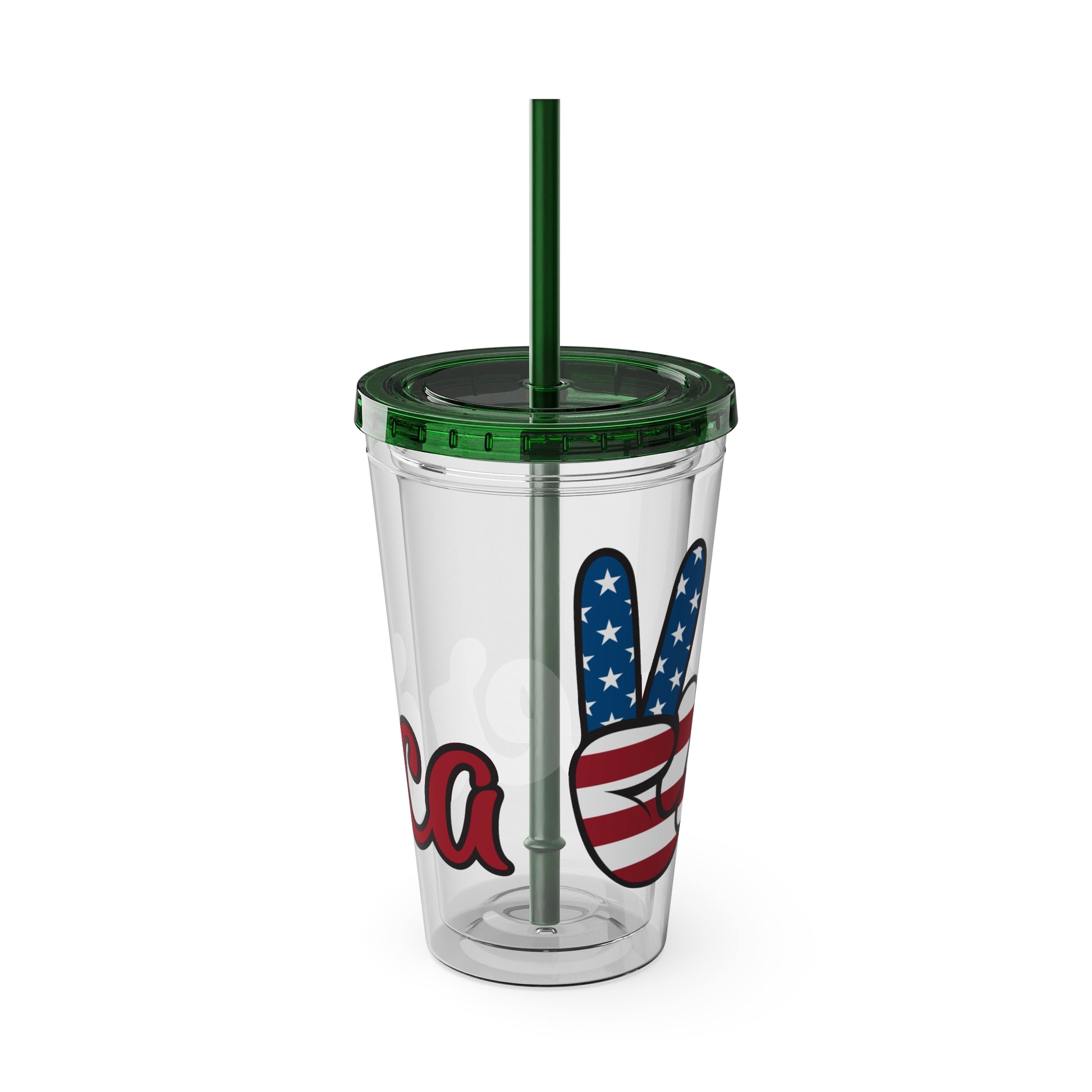 16oz clear tumbler, dark green lid and straw, blue star letter with red stripes