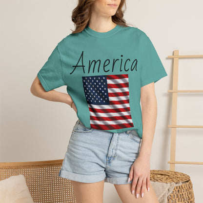 Teal unisex T-shirt with America script and U.S. flag graphic, short sleeves
