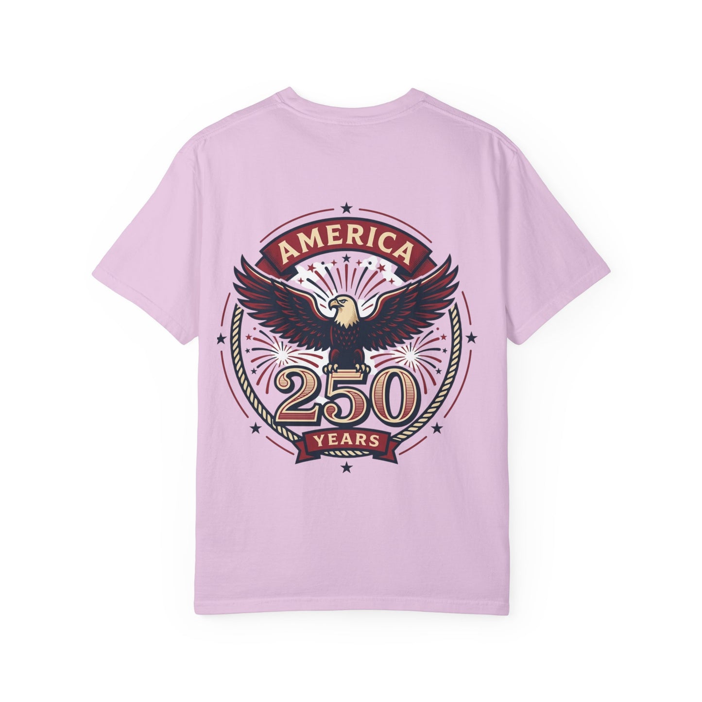 Light purple unisex T-shirt with eagle badge 'America 250 Years' graphic on back