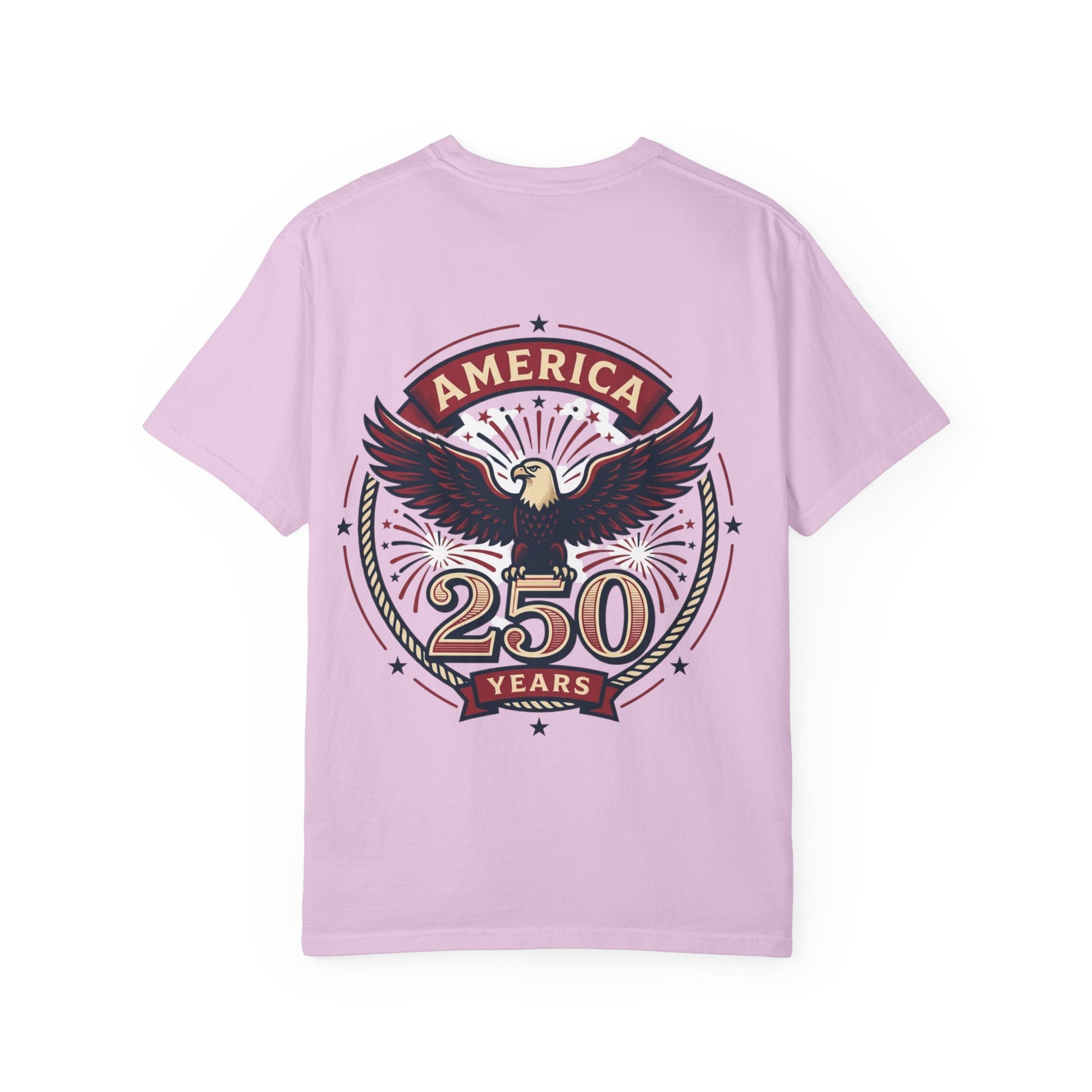 Light purple unisex T-shirt with eagle badge 'America 250 Years' graphic on back