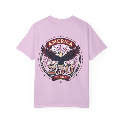 Light purple unisex T-shirt with eagle badge 'America 250 Years' graphic on back