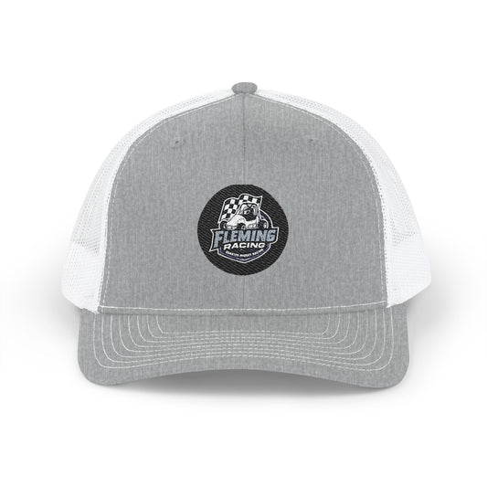 Heather grey and white trucker cap with front logo patch and curved brim.