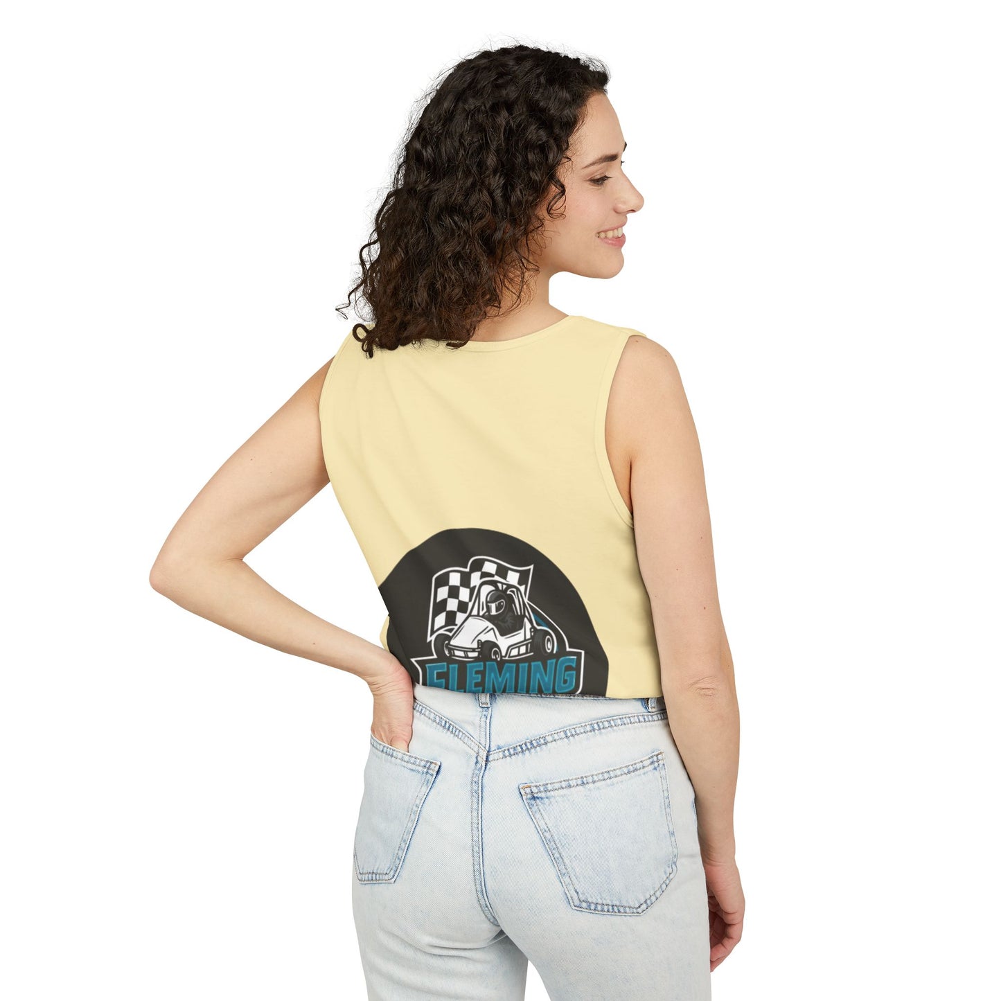 Light yellow racing tank top with round motorsports graphic print on back