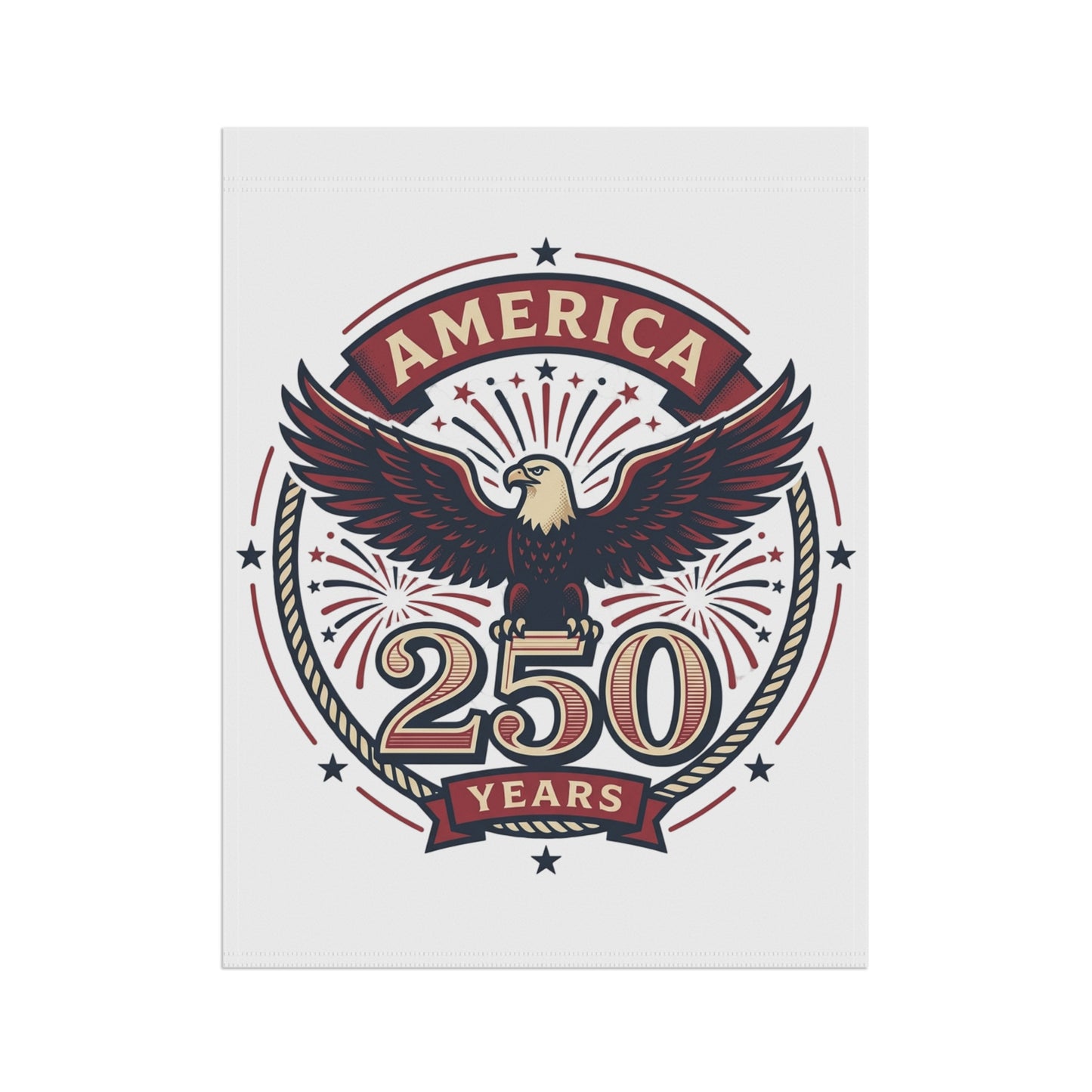 White garden banner with America 250 Years eagle logo, front view