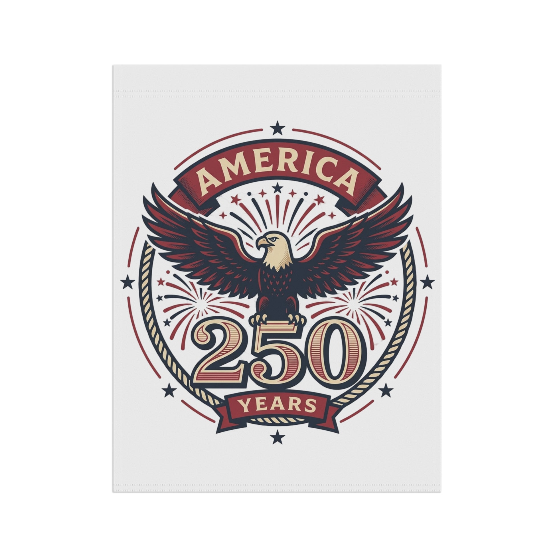 White garden banner with America 250 Years eagle logo, front view