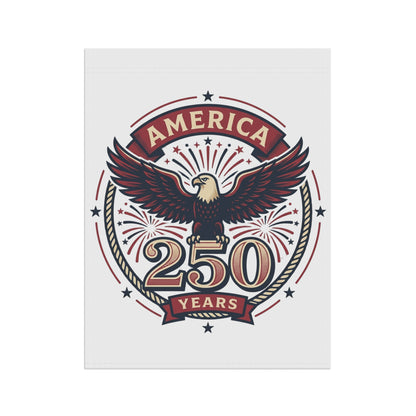 White garden banner with America 250 Years eagle logo, front view