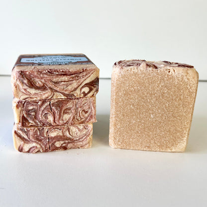 Marbled pumpkin praline sea salt bar soap, brown swirls with speckled tan side