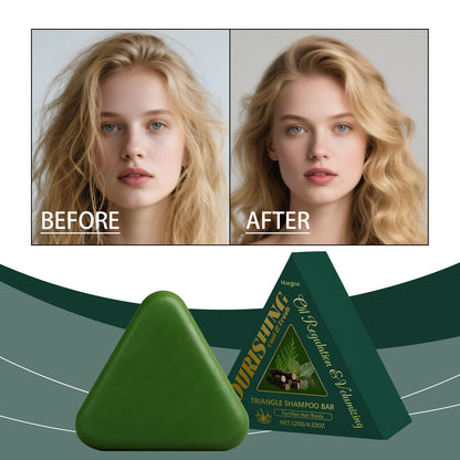 Green triangle shampoo bar with herbal label; second angled bar behind it