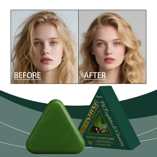 Green triangle shampoo bar with herbal label; second angled bar behind it