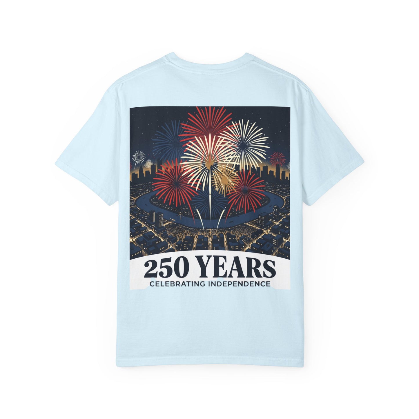 Light blue T-shirt with fireworks and “250 Years Celebrating Independence” graphic on front