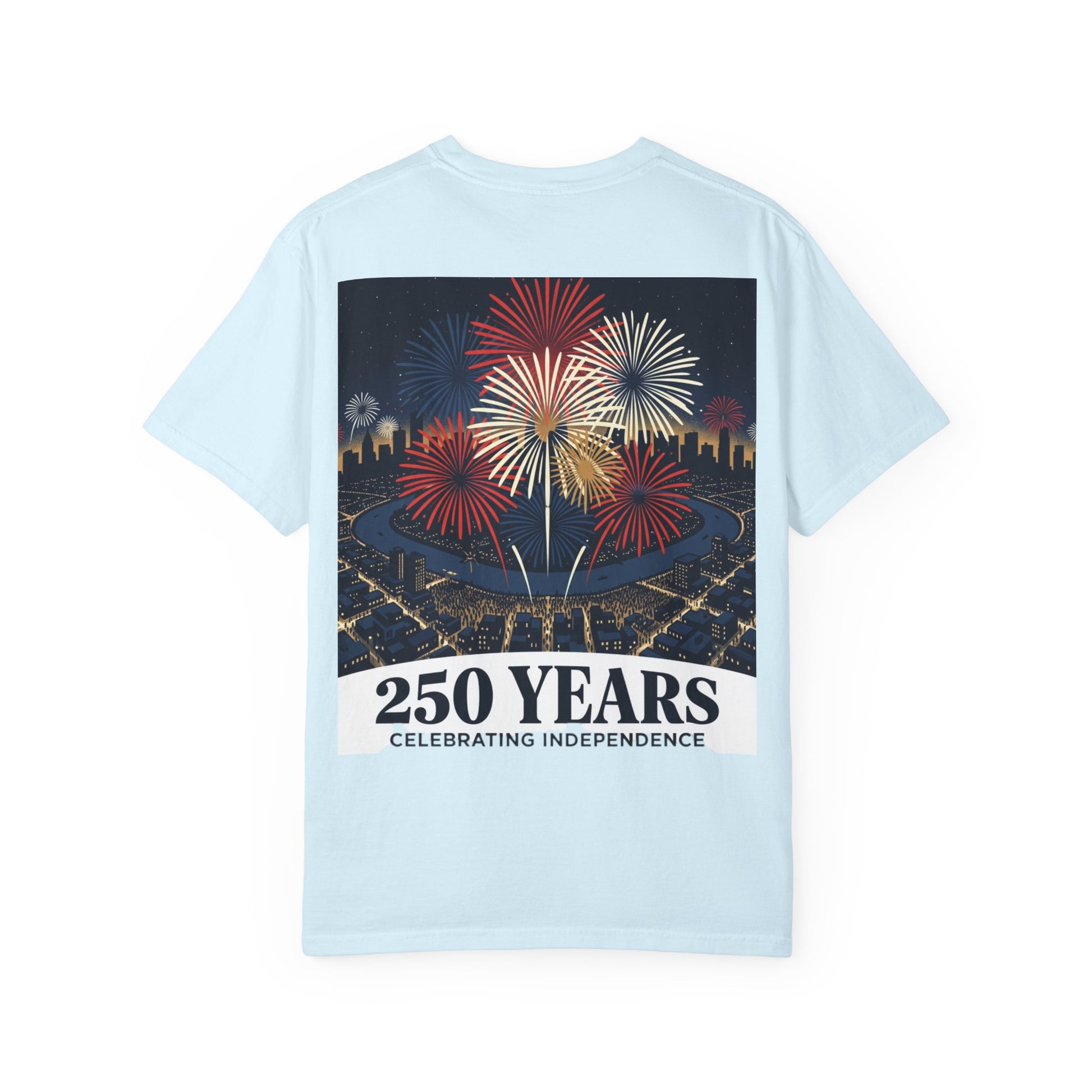 Light blue T-shirt with fireworks and “250 Years Celebrating Independence” graphic on front