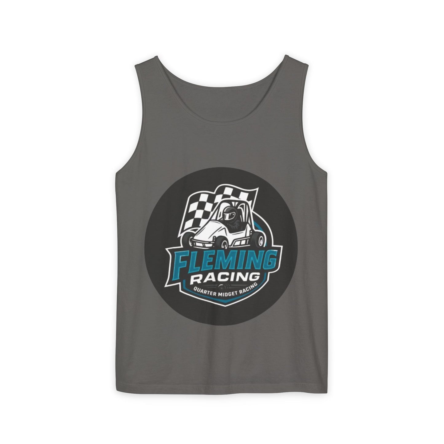 Dark charcoal racing tank top with round Fleming Racing graphic and checkered car logo