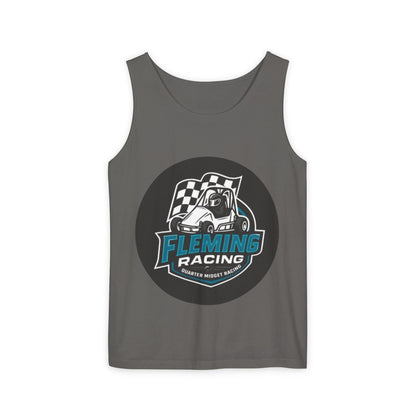 Dark charcoal racing tank top with round Fleming Racing graphic and checkered car logo
