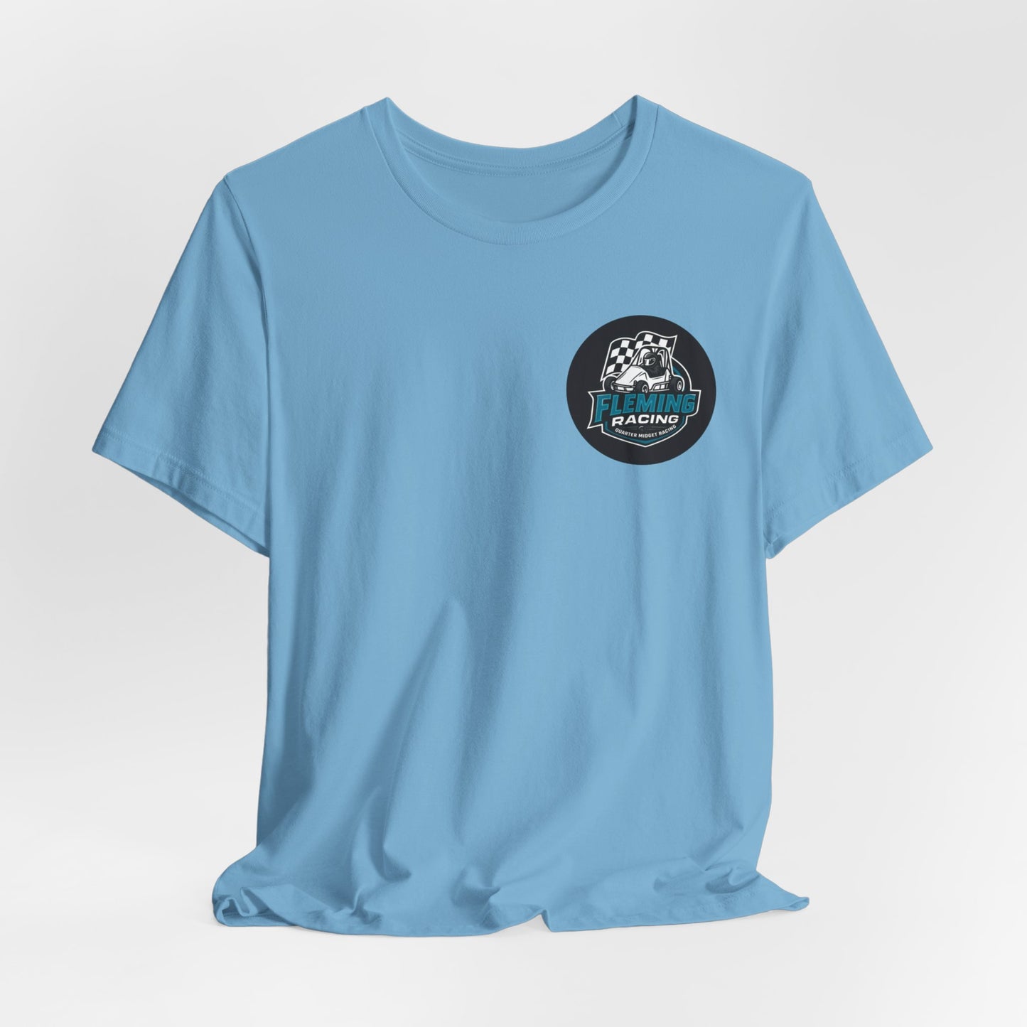 Light blue T-shirt with small circular Fleming Racing car emblem