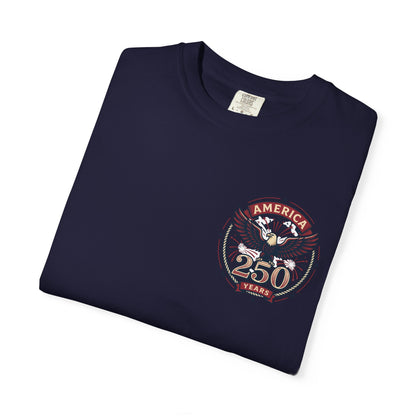 Navy T-shirt with America 250 Years eagle emblem graphic on the chest