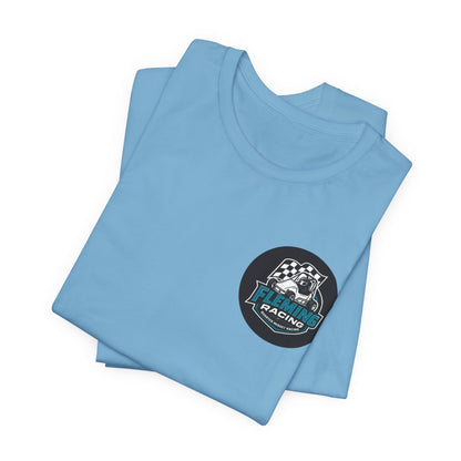 Light blue racing logo T-shirt with circular car emblem on chest.