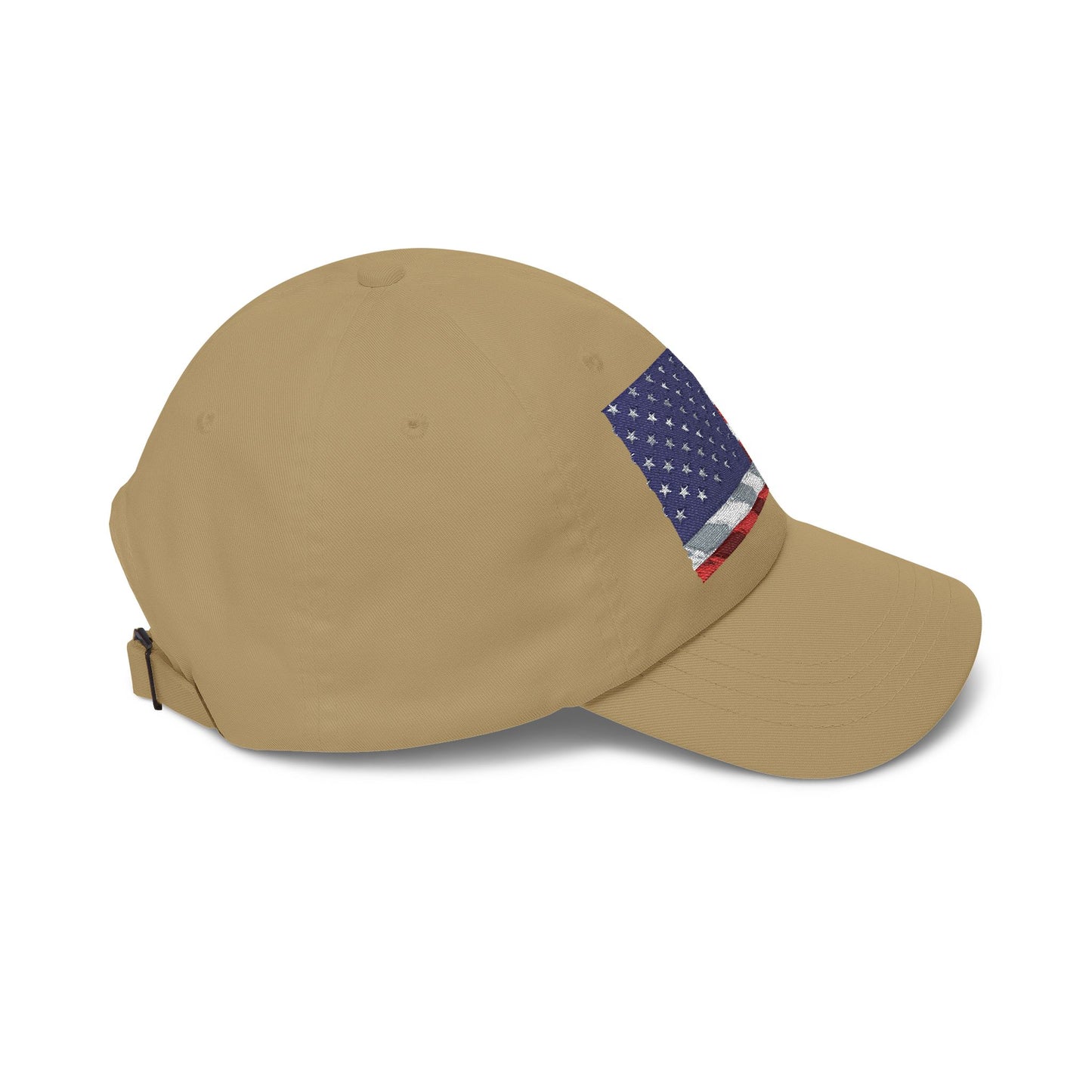 Light tan dad cap with distressed American flag patch on the side