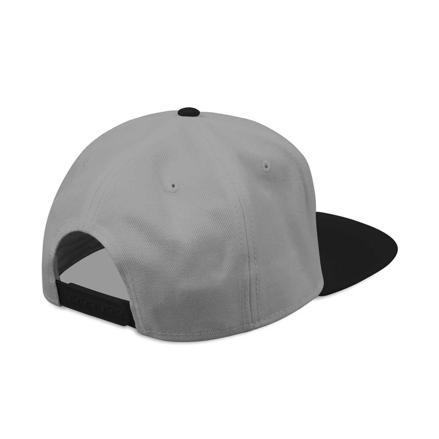 Light gray baseball cap with black underbrim and adjustable snap band, side view
