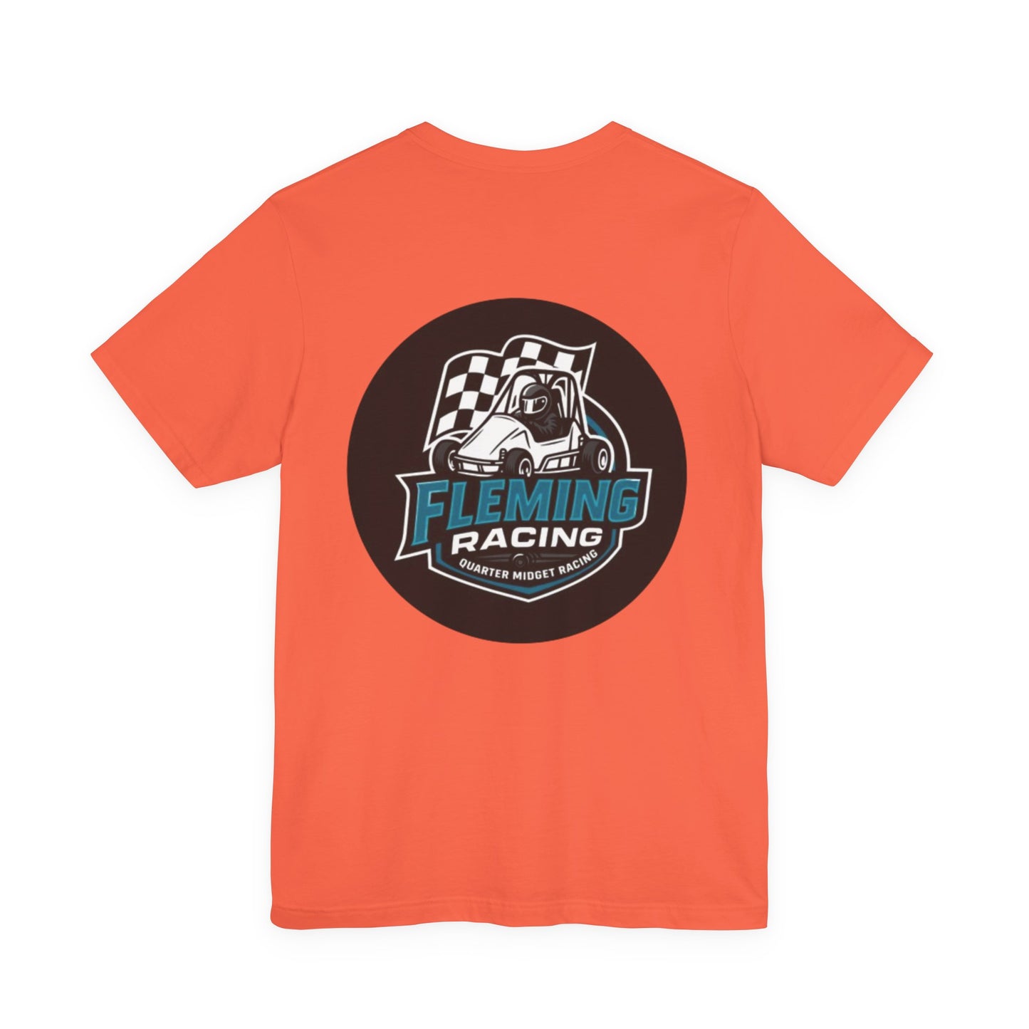 Coral orange racing logo T-shirt with Fleming Racing checkered emblem on chest