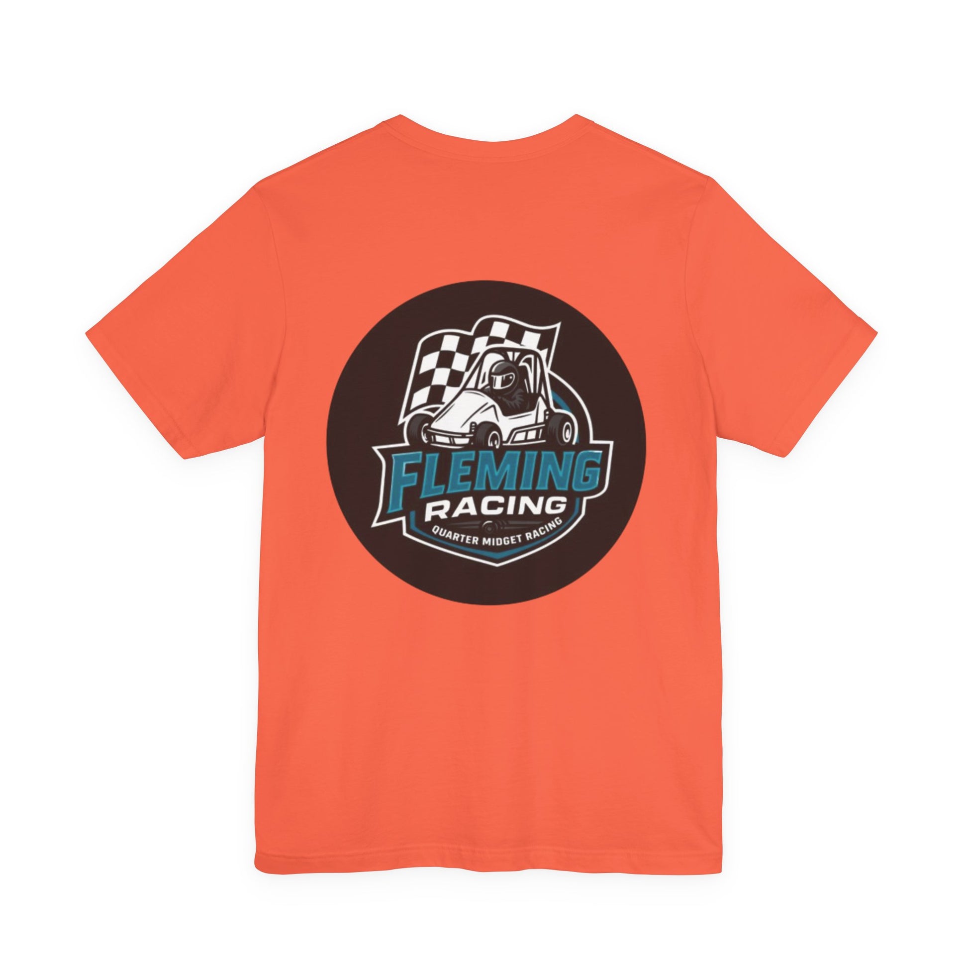 Coral orange racing logo T-shirt with Fleming Racing checkered emblem on chest