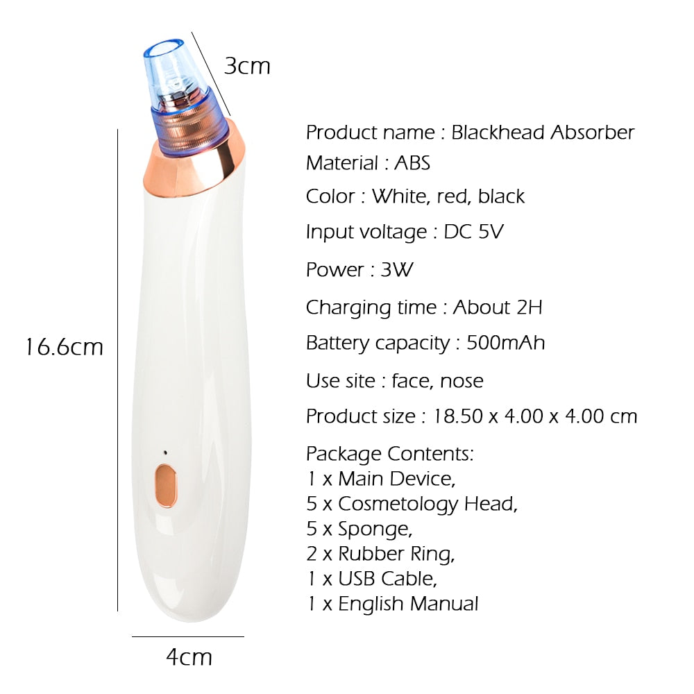 White electric blackhead absorber pore cleaner with display and nozzle attachment.