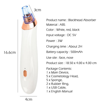 White electric blackhead absorber pore cleaner with display and nozzle attachment.