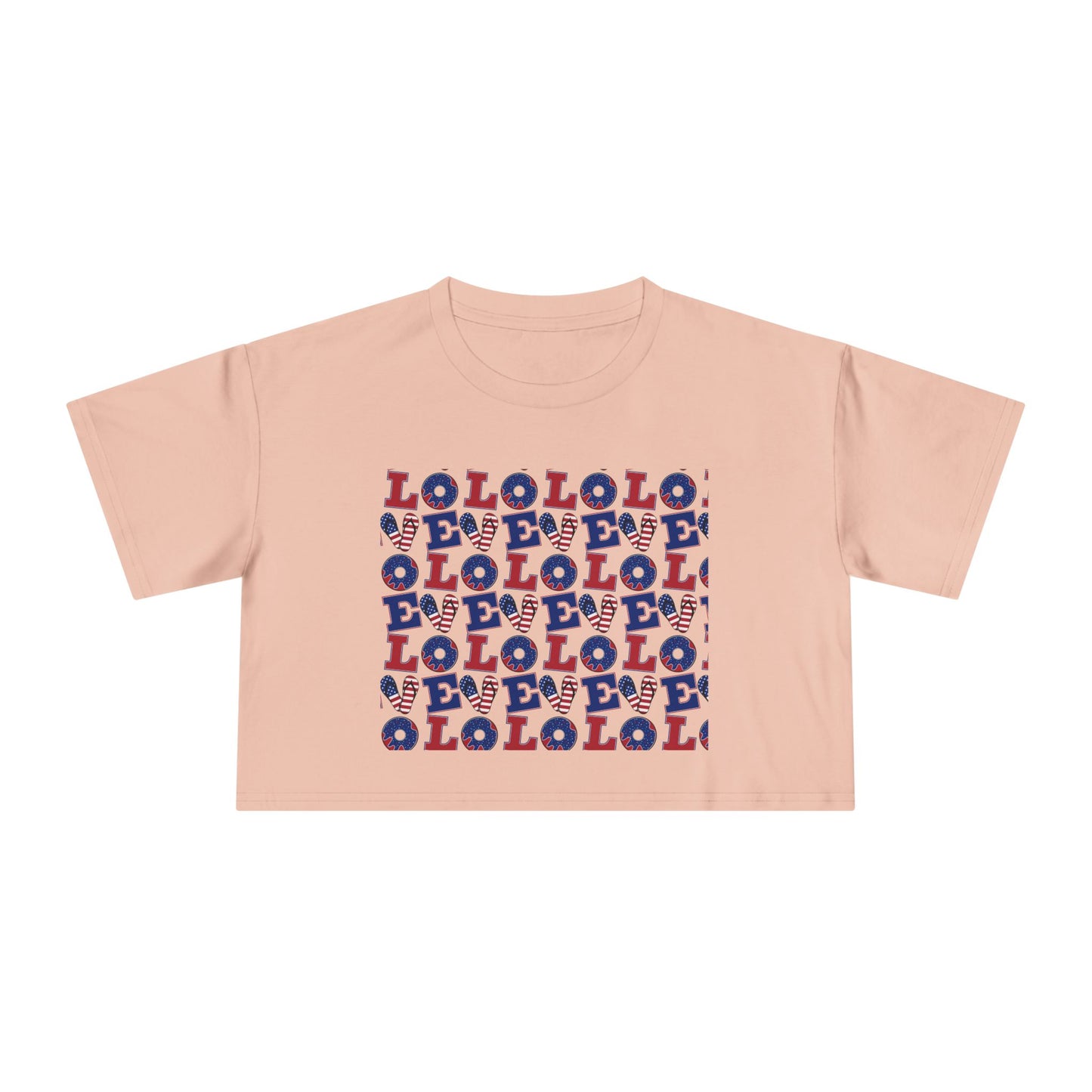 Pale pink graphic crop tee with multicolor “LOL” block print
