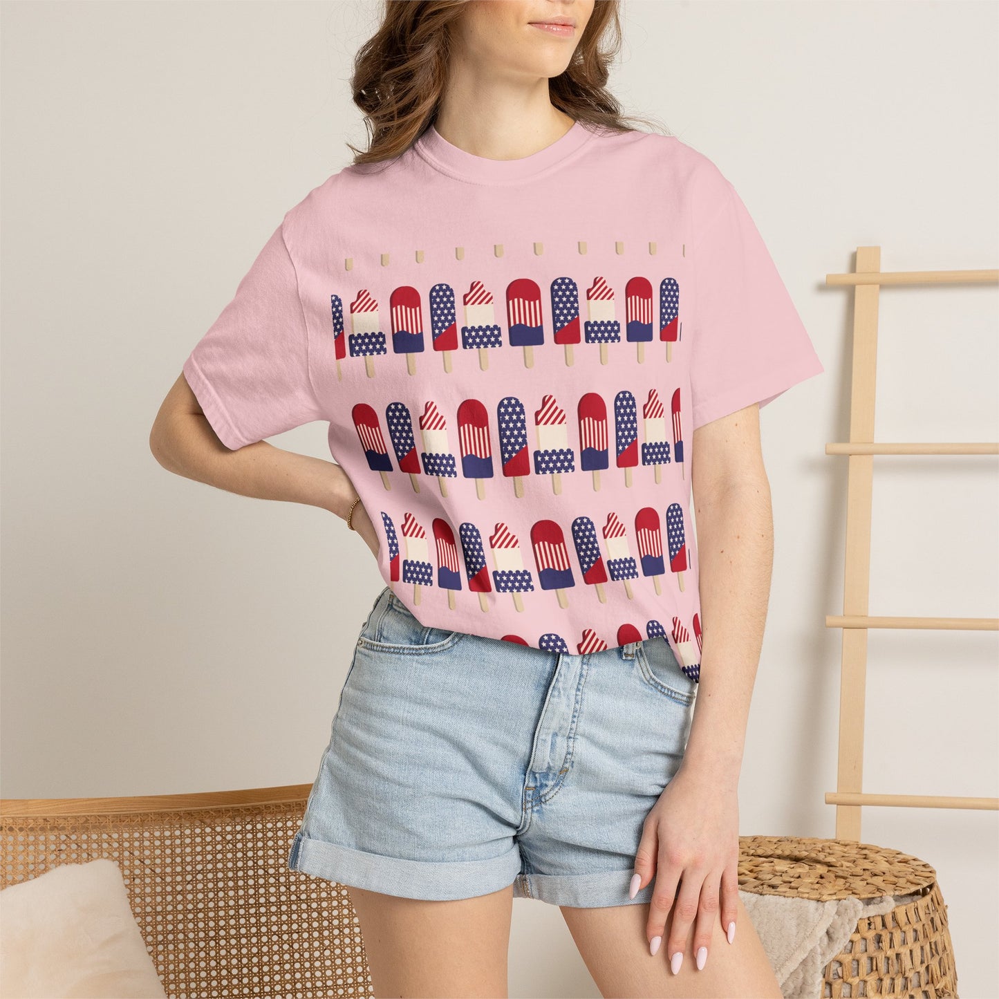 Light pink graphic T-shirt with popsicle flag row print across chest
