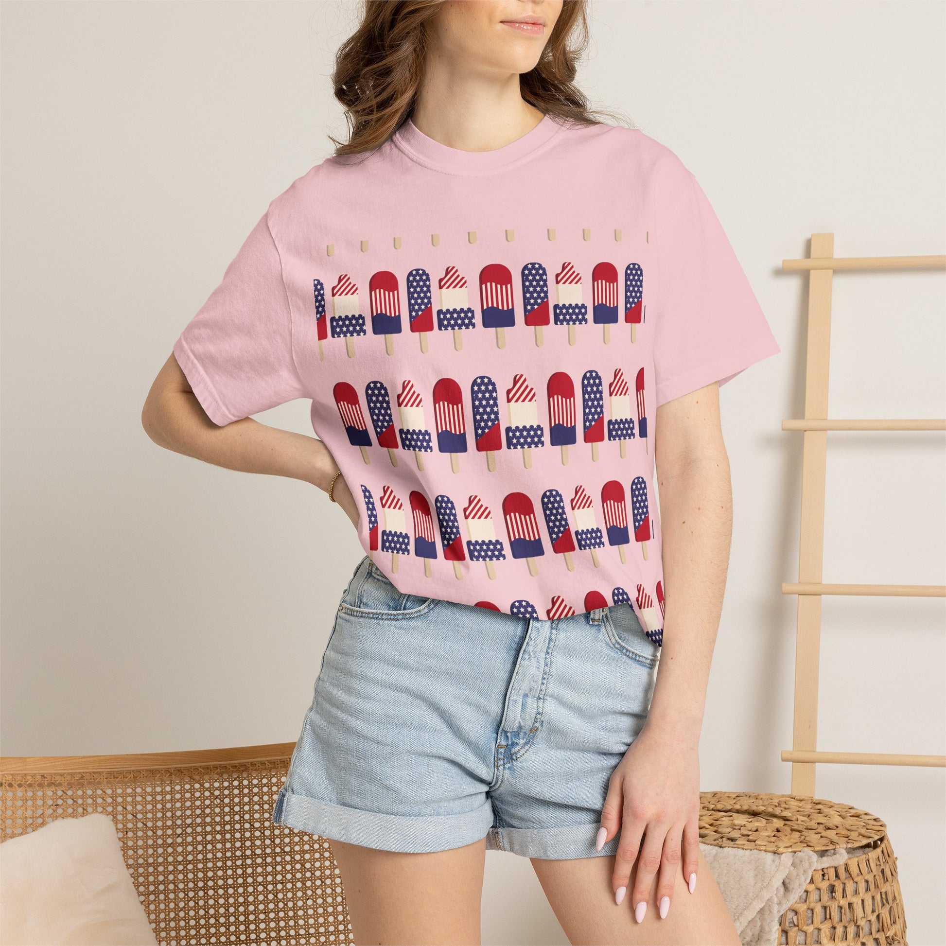 Light pink graphic T-shirt with popsicle flag row print across chest
